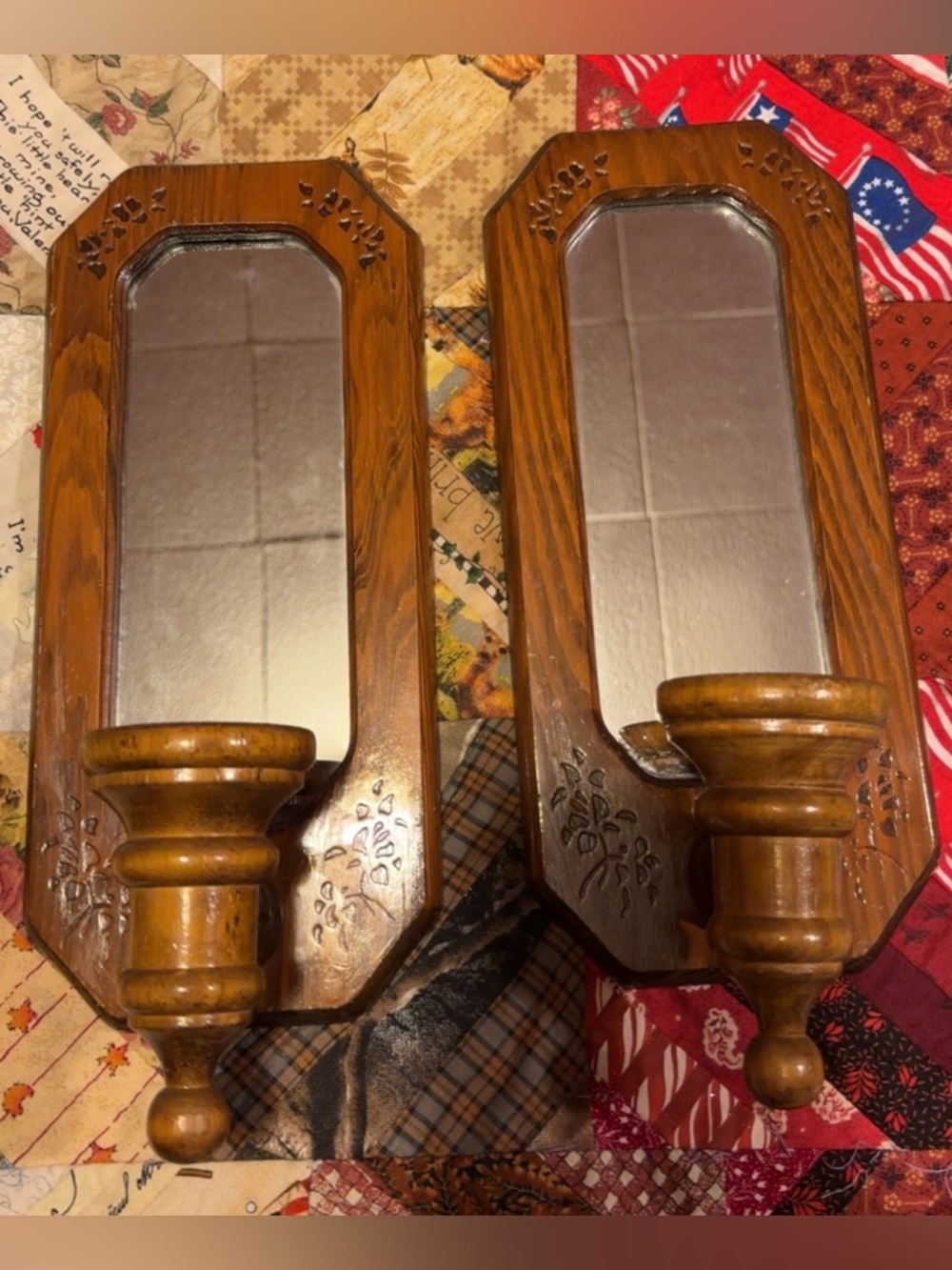 Vintage 1988 Wooden Sconces With Mirrors Set Of 2 Wall Decor Cottagecore Vibe